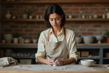 Femme adulte pratiquant la sculpture sur argile seule dans un atelier maison, activité créative solitaire