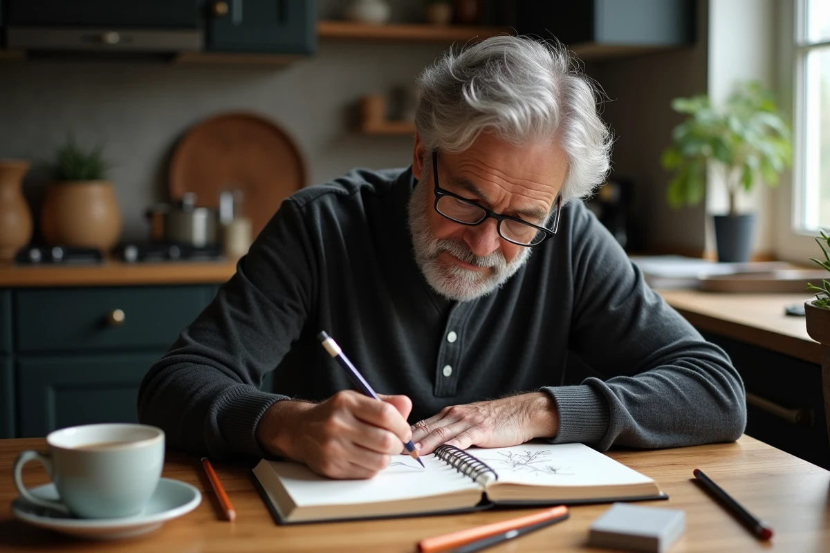 Homme adulte dessinant seul dans son espace domestique, pratique créative personnelle au quotidien