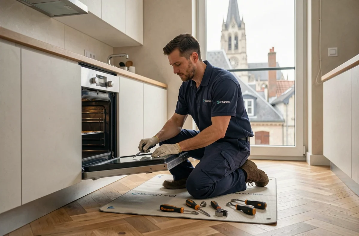 Technicien AD Dépannage Électroménager réparant un four à domicile dans un appartement de Chartres avec vue sur la cathédrale