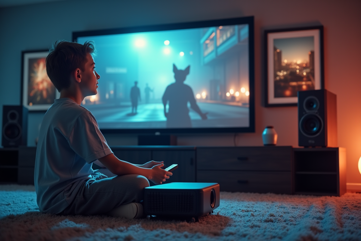 Adolescent utilisant un projecteur dans un home cinéma cosy