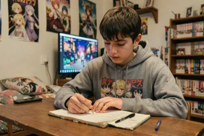 Adolescent notant des codes de jeu anime dans un carnet sur un bureau avec un écran de jeu en arrière-plan