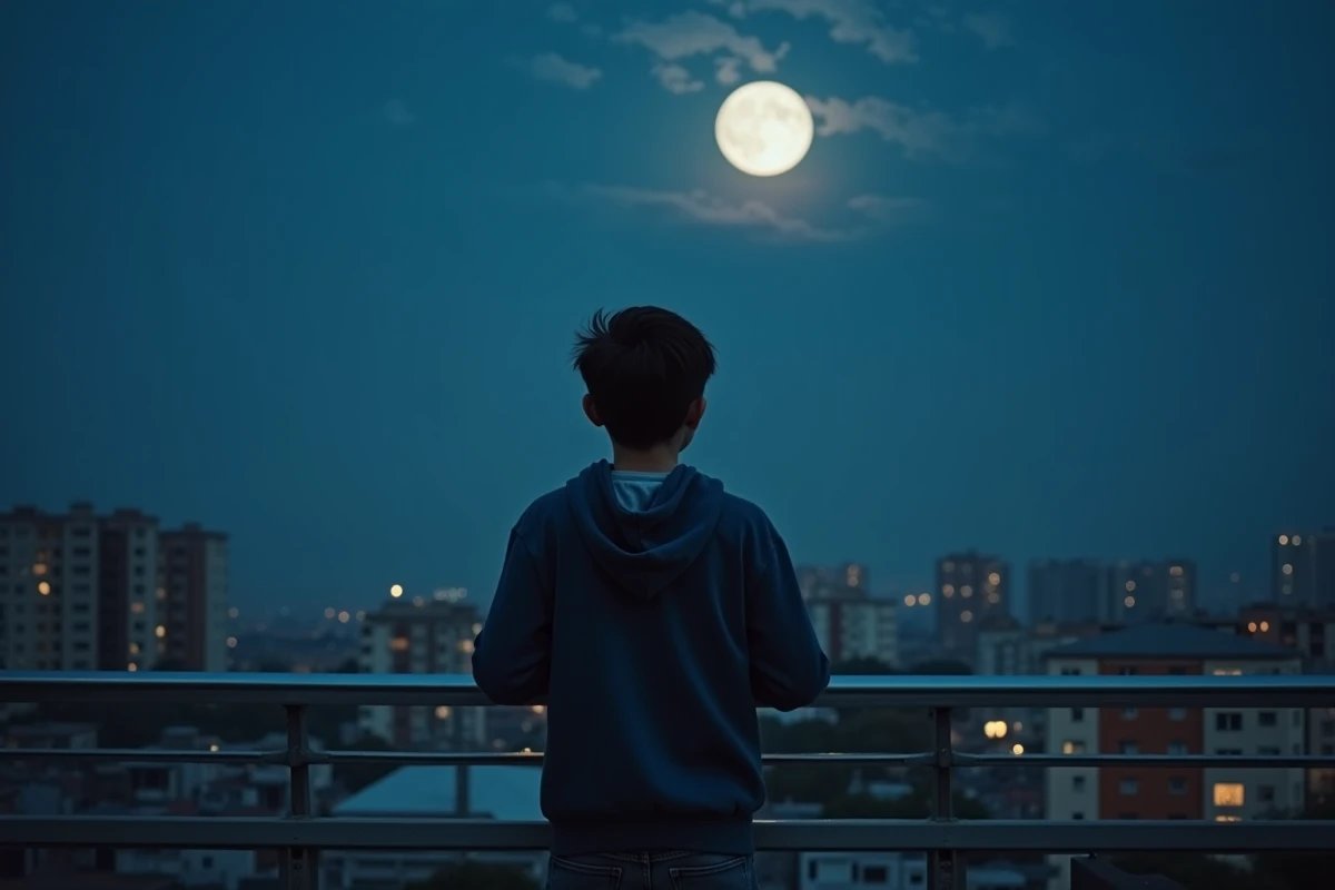 Adolescent regardant la lune depuis un balcon urbain la nuit