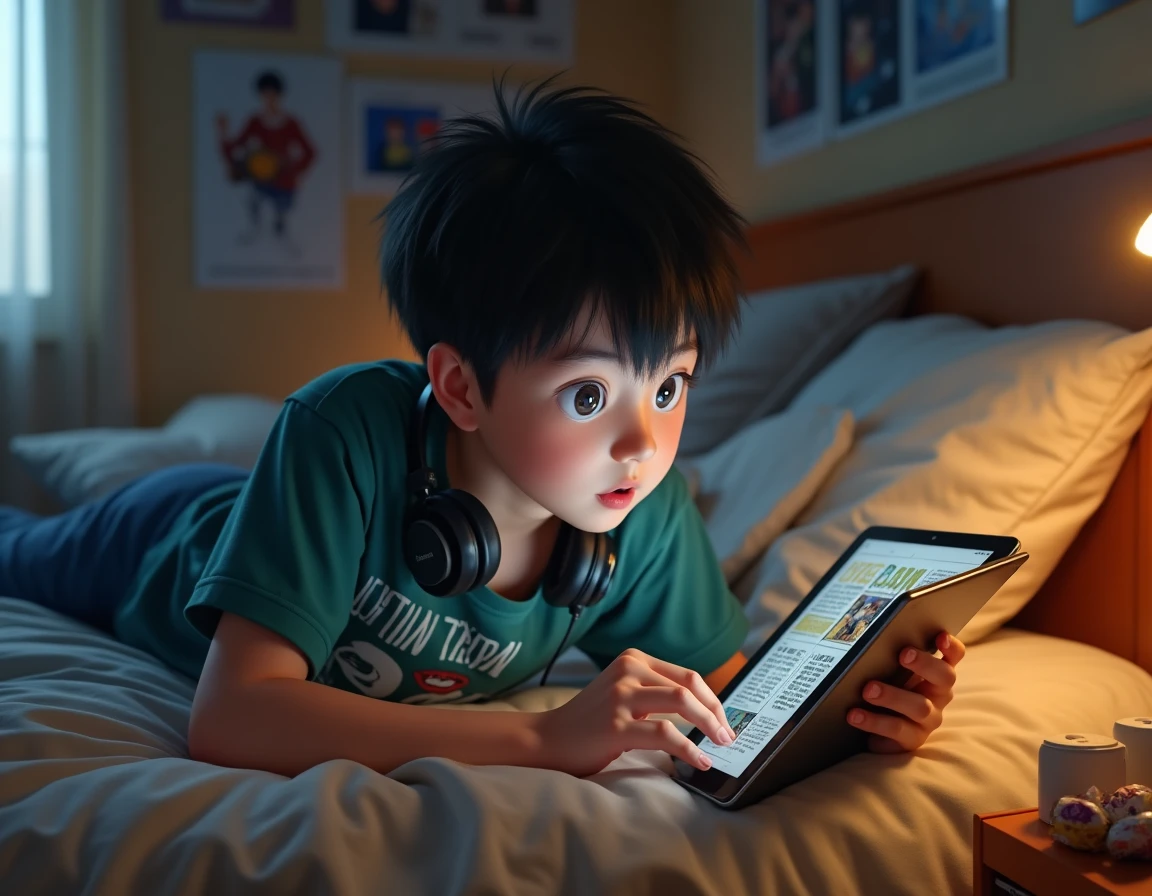 Adolescent allongé sur son lit lisant un scan de série manga en français sur une tablette dans sa chambre