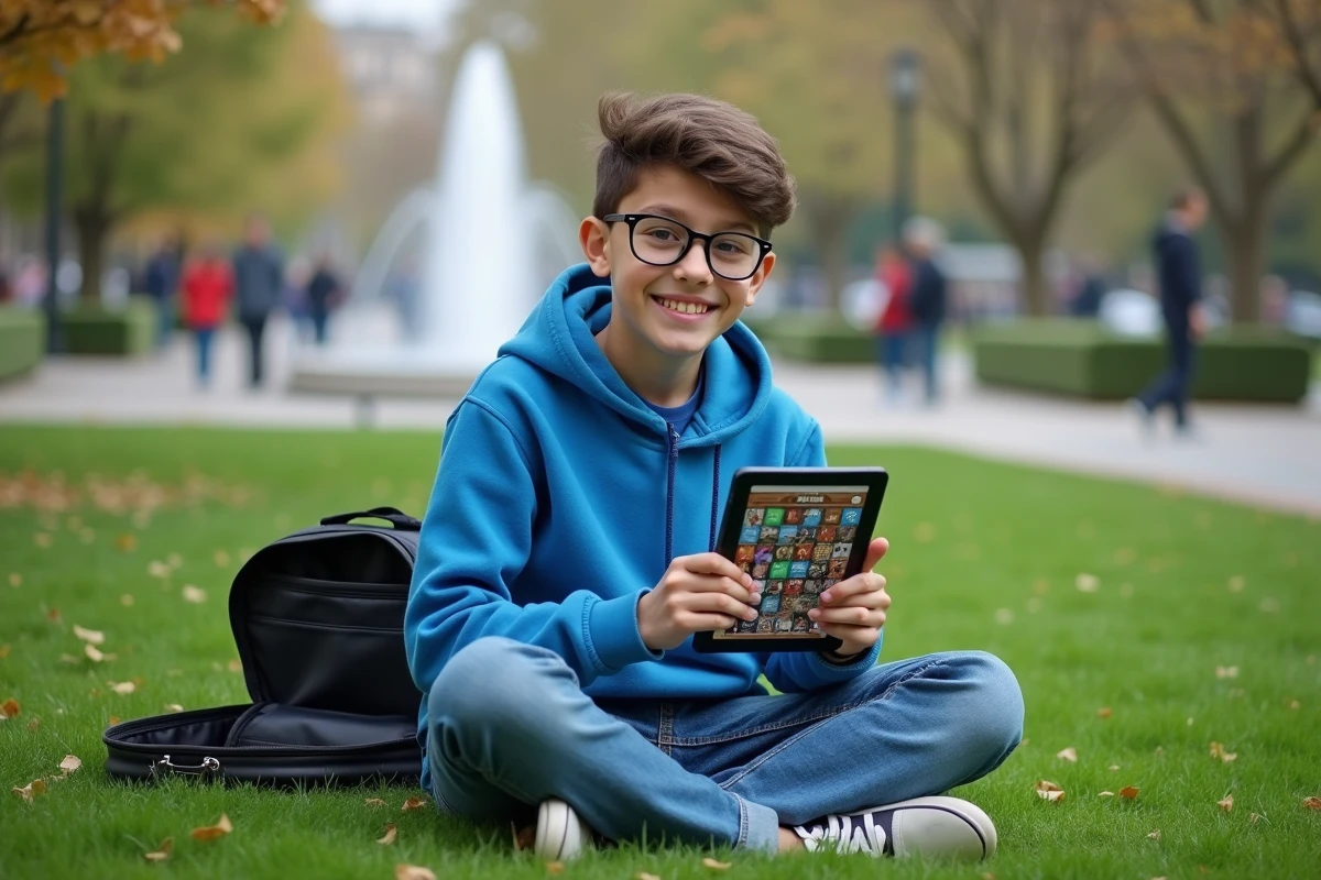Adolescent souriant jouant à un puzzle dans un parc urbain