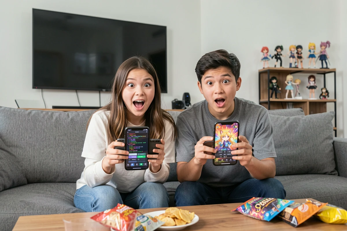 Deux adolescents enthousiastes entrant des codes secrets dans un jeu anime sur leurs smartphones dans un salon moderne