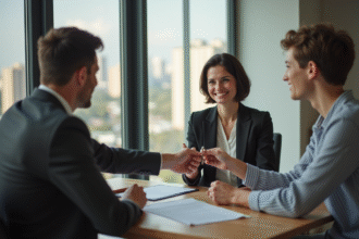 Agent immobilier femme remet les clés à un couple dans un bureau lumineux