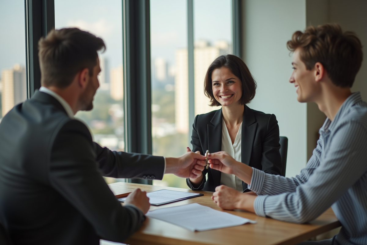 Agent immobilier femme remet les clés à un couple dans un bureau lumineux