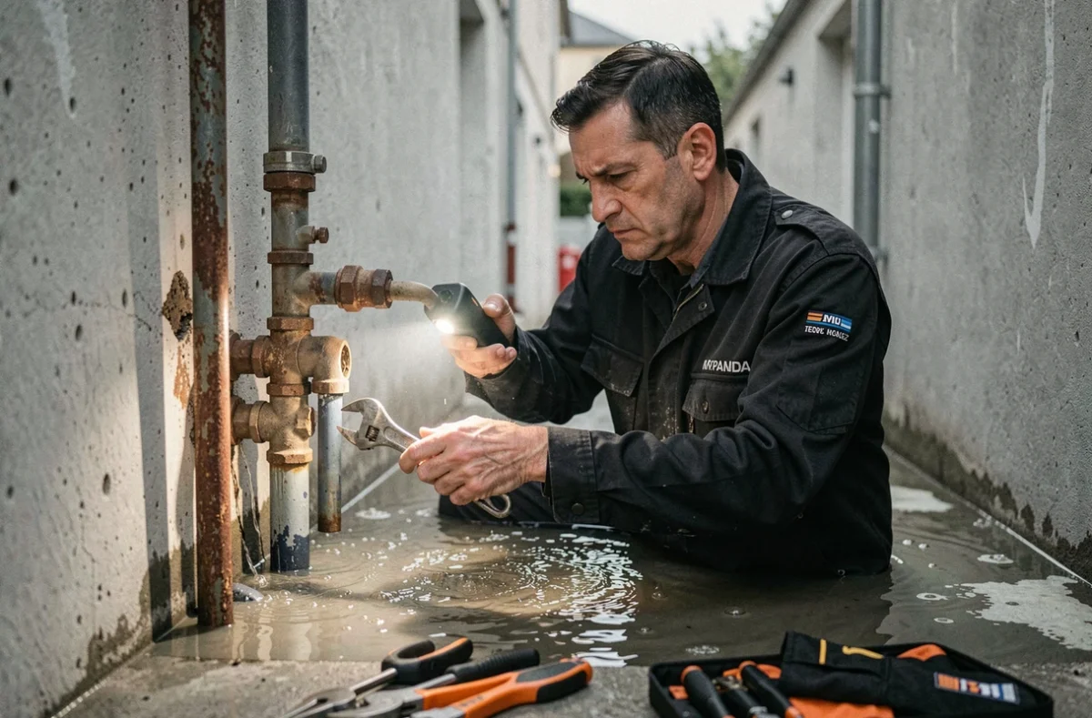 Plombier AKD Plomberie intervenant en urgence sur une canalisation éclatée dans un couloir technique inondé