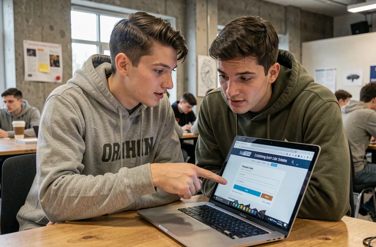 Deux amis consultant un code promo Hellcase sur un ordinateur portable dans un espace co-working