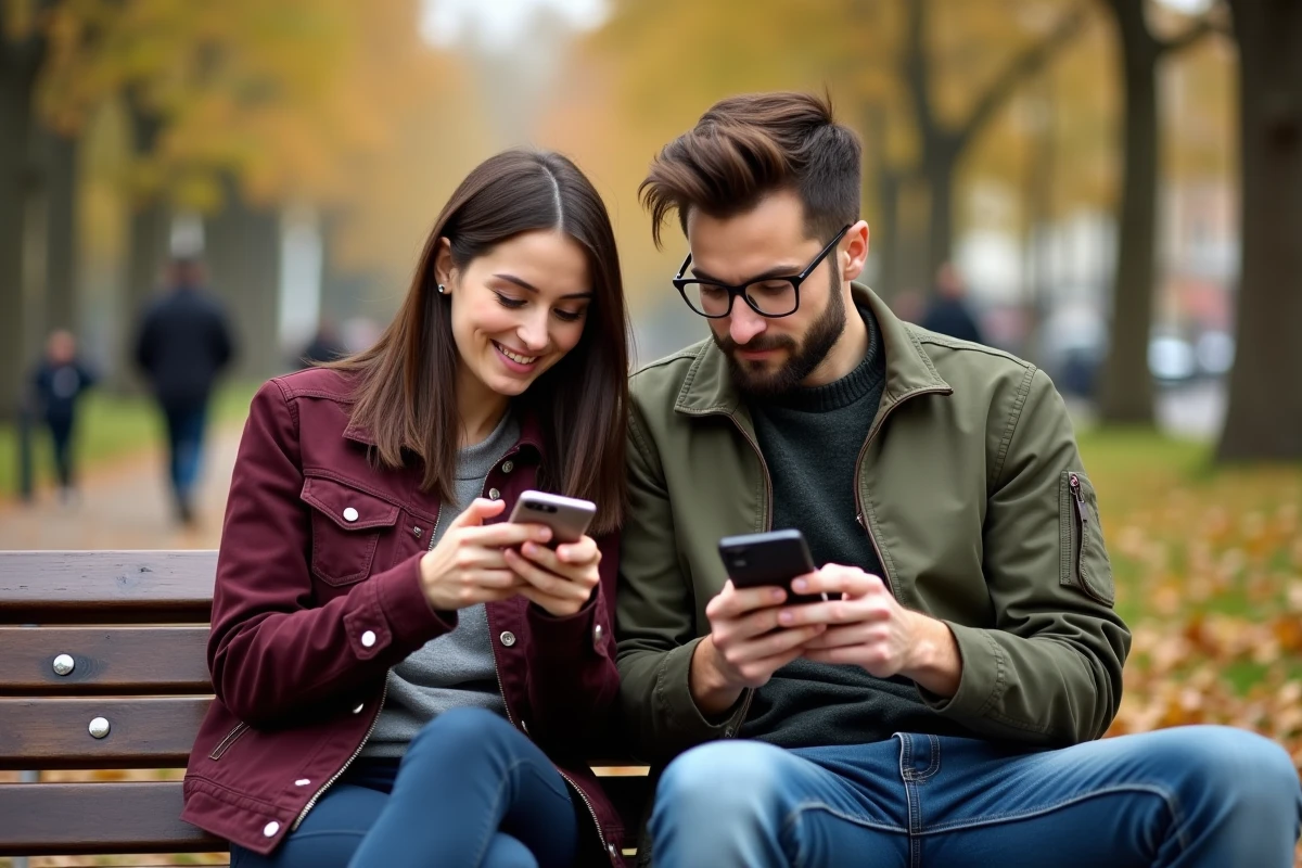 Deux amis consultant discrètement des stories Instagram sur leurs smartphones dans un parc en automne
