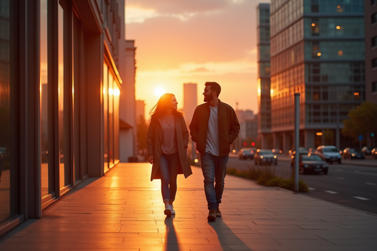 Deux amis se promenant au coucher du soleil en ville