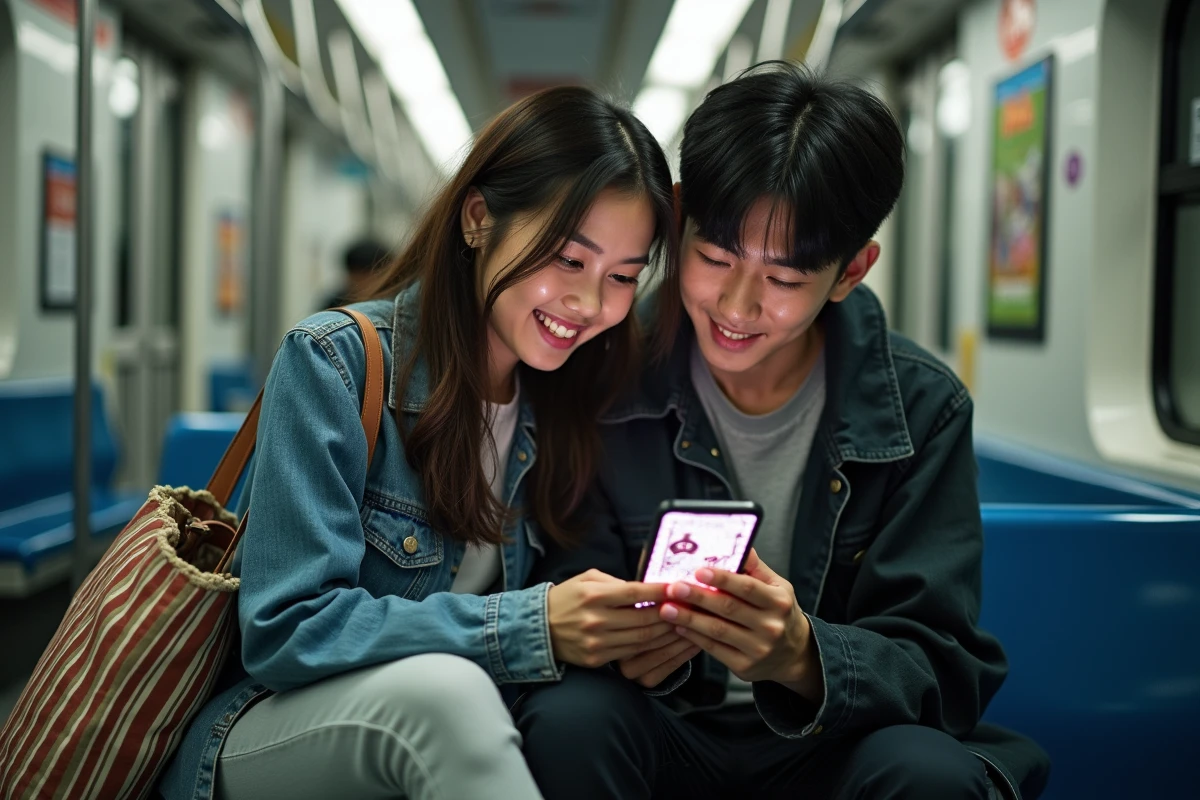 Deux amis lisant One Piece sur smartphone dans le métro grâce à un site de scan