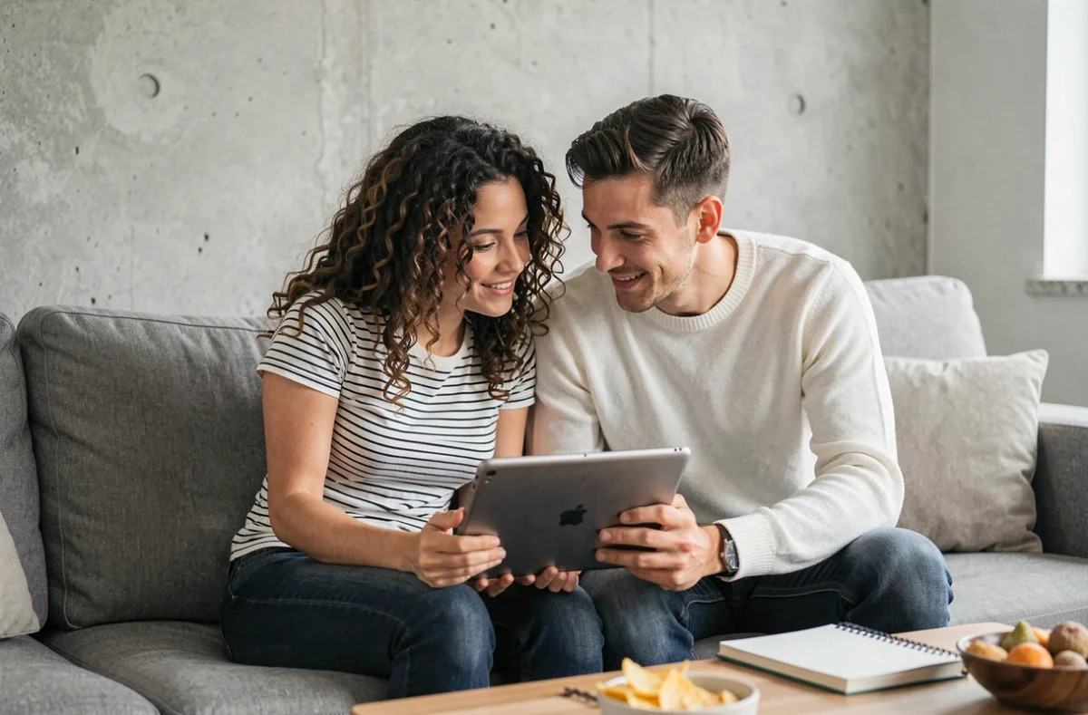 Deux amis jouant ensemble à Rooms And Exits et cherchant une soluce discrète sur tablette
