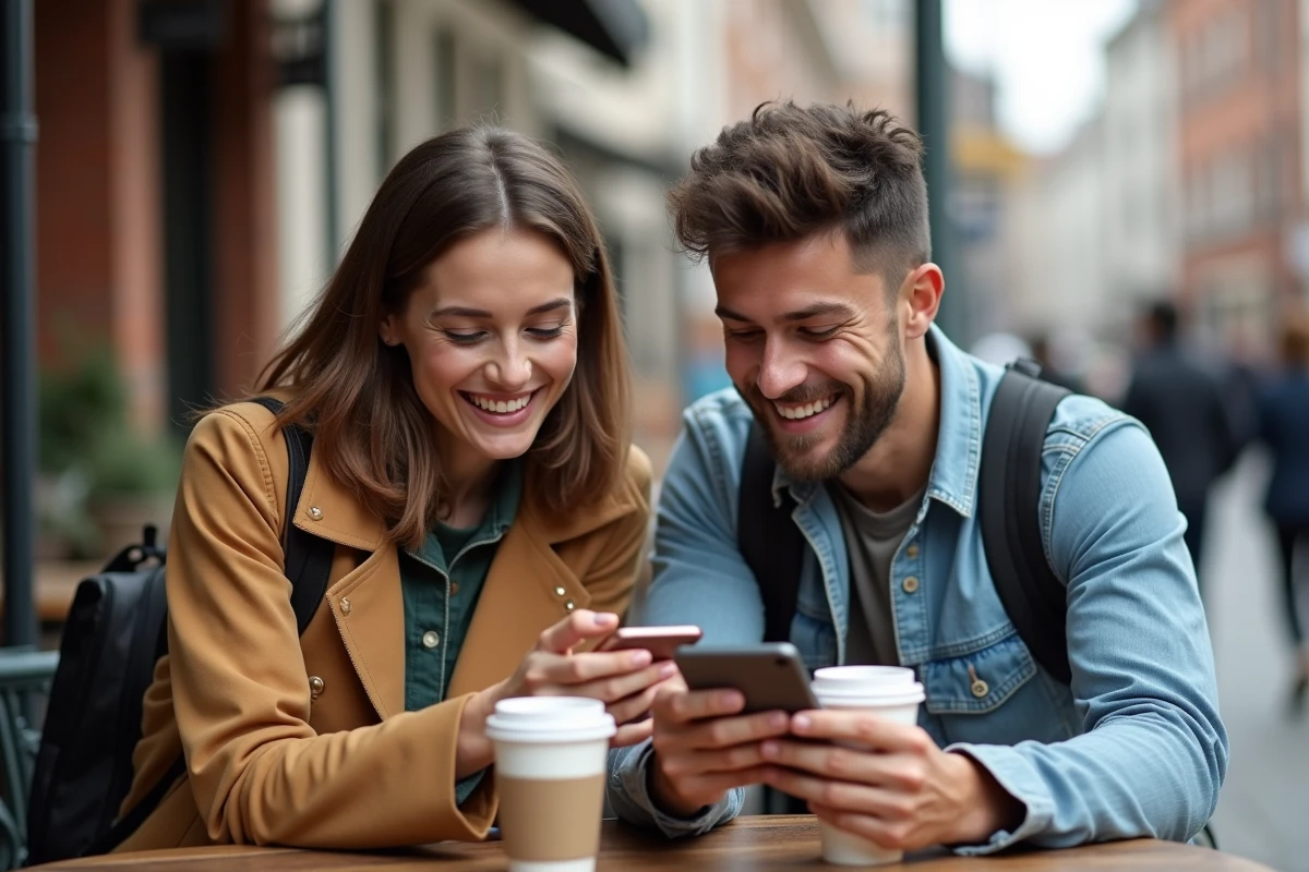 Deux amis partageant des astuces pour collecter des dés Monopoly Go gratuits autour d'un café en terrasse