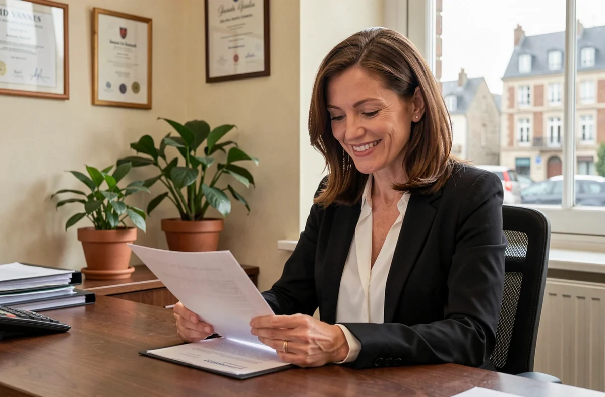 Maître Anne-Sophie Barle, avocate généraliste à Vannes, souriante à son bureau de consultation