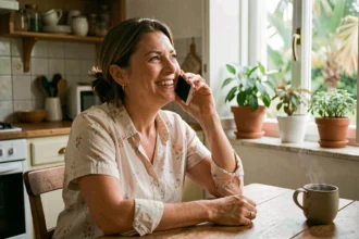 Femme souriante passant un appel téléphonique depuis chez elle pour joindre un proche à Mayotte via l'indicatif 262 639