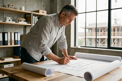 Architecte annotant des plans techniques d'un projet mixte intégrant un Franchassis dans un studio contemporain