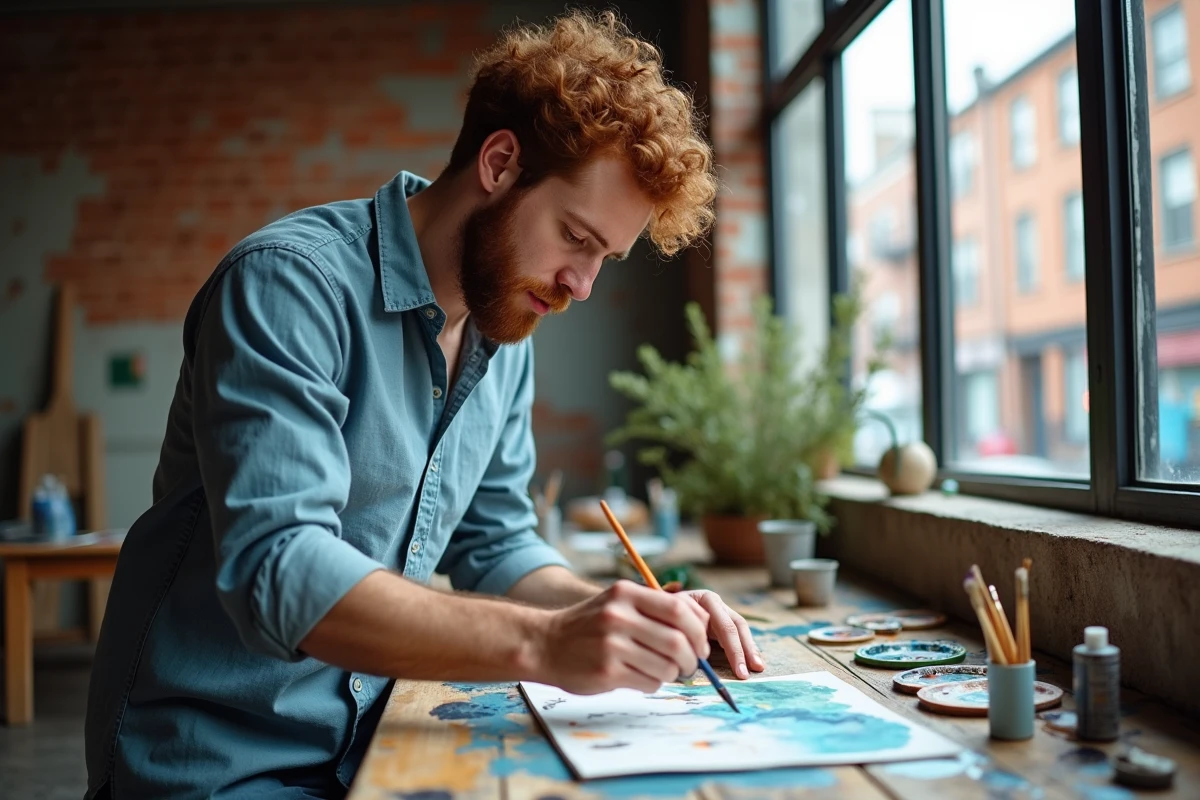Artiste peintre créatif dans son atelier illustrant la créativité et la sensibilité du Cancer signe astrologique du 12 juillet
