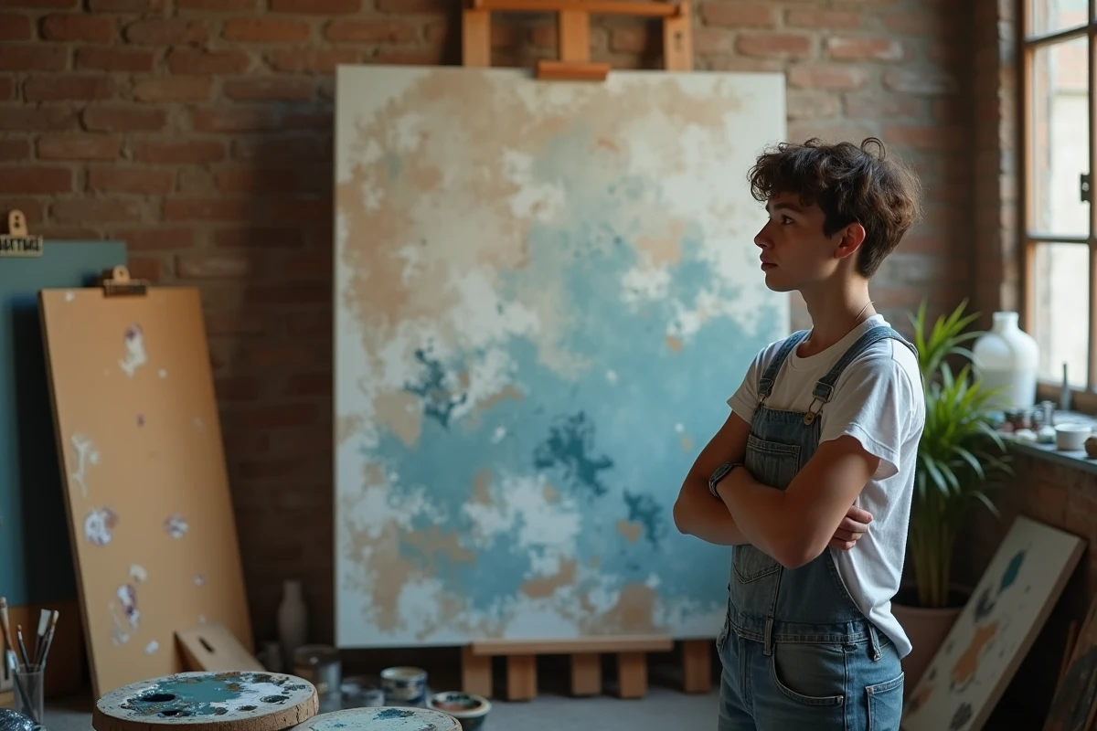 Jeune artiste solitaire contemplant son œuvre abstraite dans un atelier, symbole de créativité singulière et de différence assumée