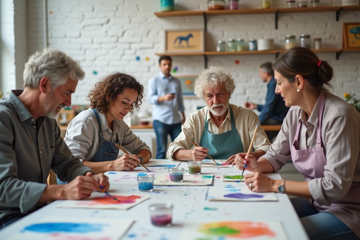 Groupe d'adultes participant à un atelier de peinture aquarelle collectif en milieu urbain
