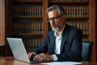 Avocat en costume marine connecté sur e-Barreau depuis son cabinet juridique traditionnel