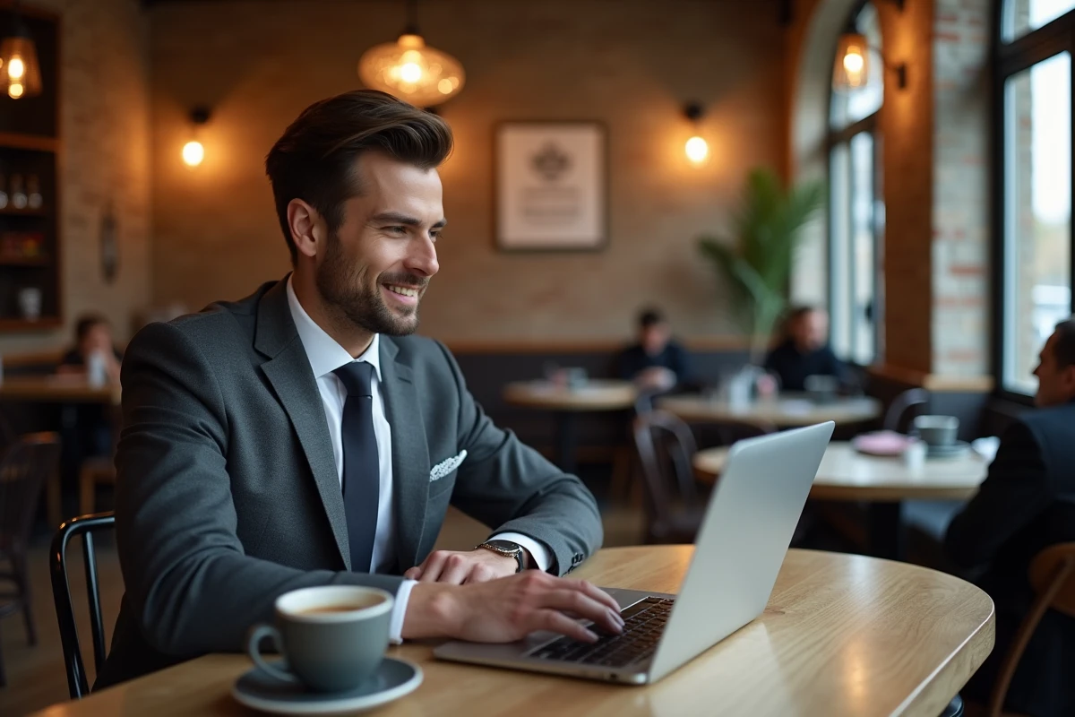 Jeune avocat se connectant à e-Barreau depuis un café parisien avec son ordinateur portable