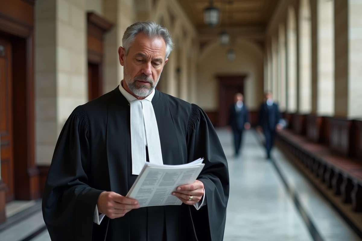 Avocat en robe noire tenant un dossier juridique dans le couloir d'un palais de justice français