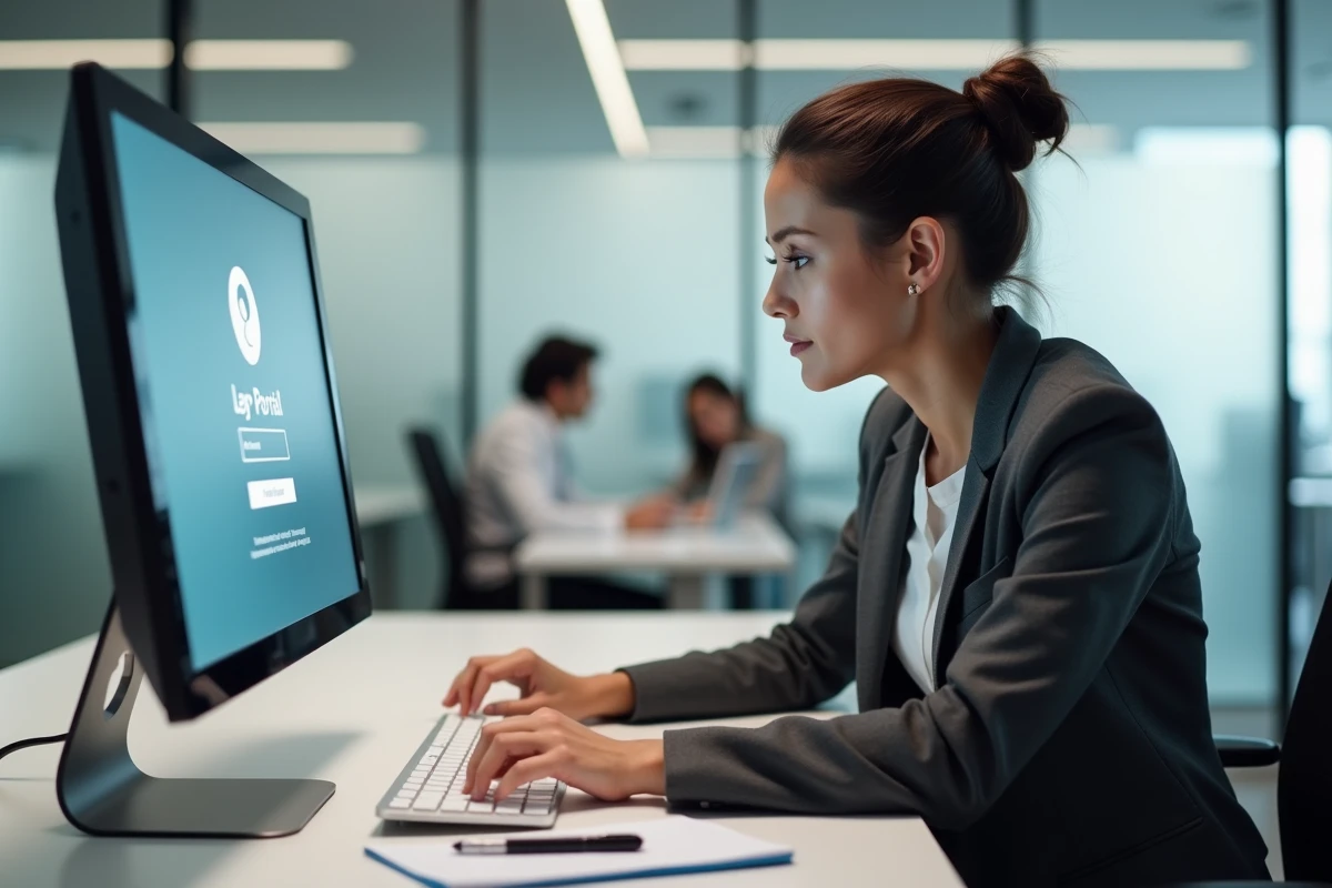 Avocate se connectant au portail e-Barreau sur un ordinateur de bureau dans un cabinet moderne