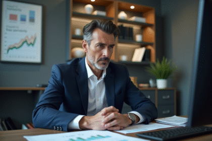 Banquier homme en costume regardant un rapport financier