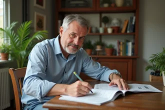 Homme belge lisant un mot croise dans un intérieur cosy