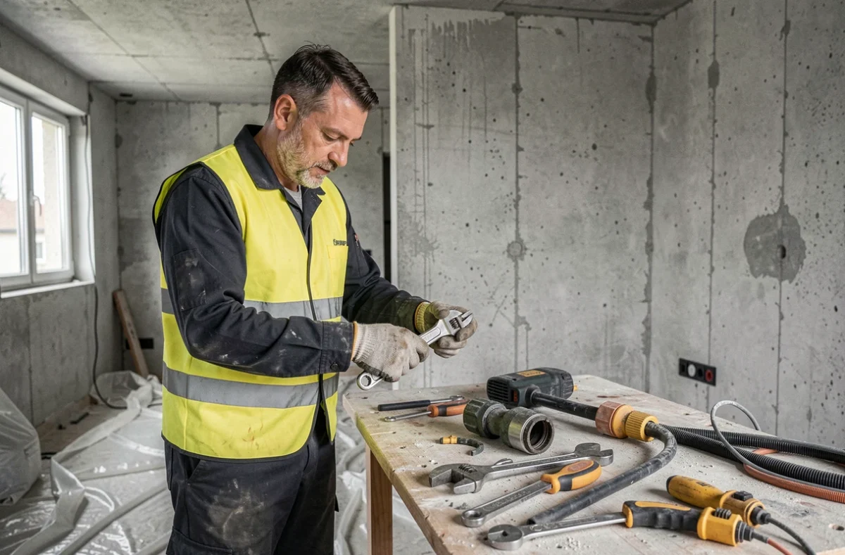 Technicien BFPV Plomberie Électricité travaillant sur un chantier de rénovation combinant plomberie et électricité