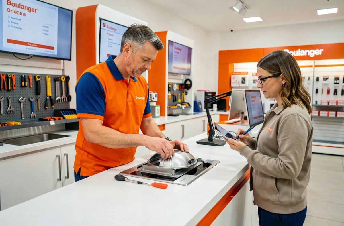 Techniciens du service après-vente Boulanger Orléans diagnostiquant une hotte aspirante au comptoir SAV électroménager du Loiret