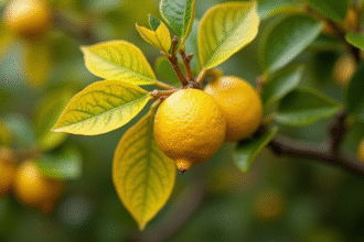 Rameau de citronnier avec feuilles jaunissantes en gros plan