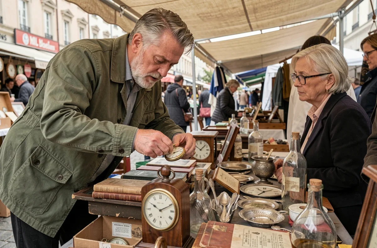Homme inspectant une montre ancienne chez un vendeur de brocante dans les Yvelines