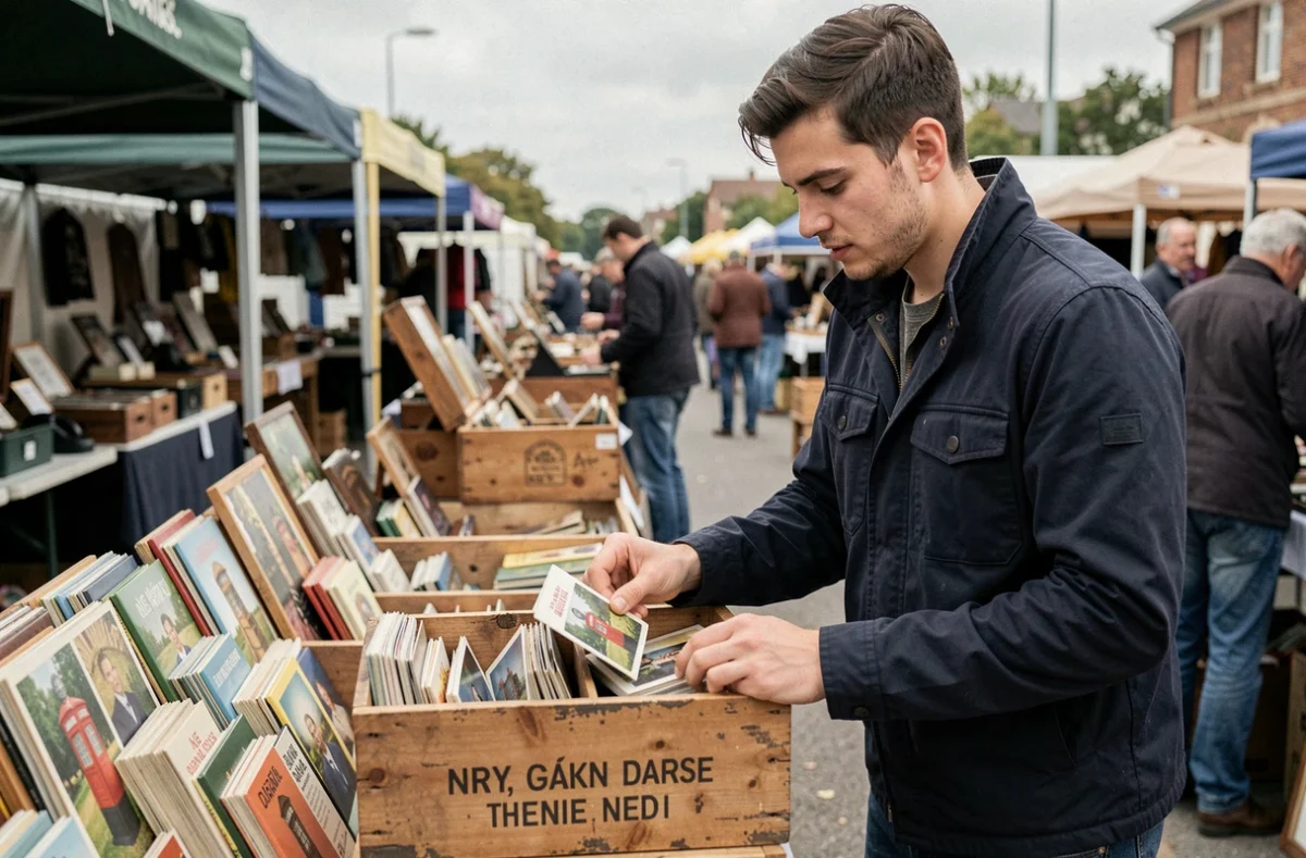 Jeune homme fouillant des cartes cabine téléphonique dans un bac de brocante en plein air lors d'un marché vintage
