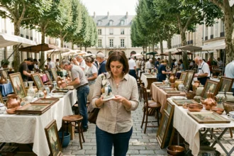 Femme examinant des objets anciens sur un stand de brocante en plein air dans les Yvelines
