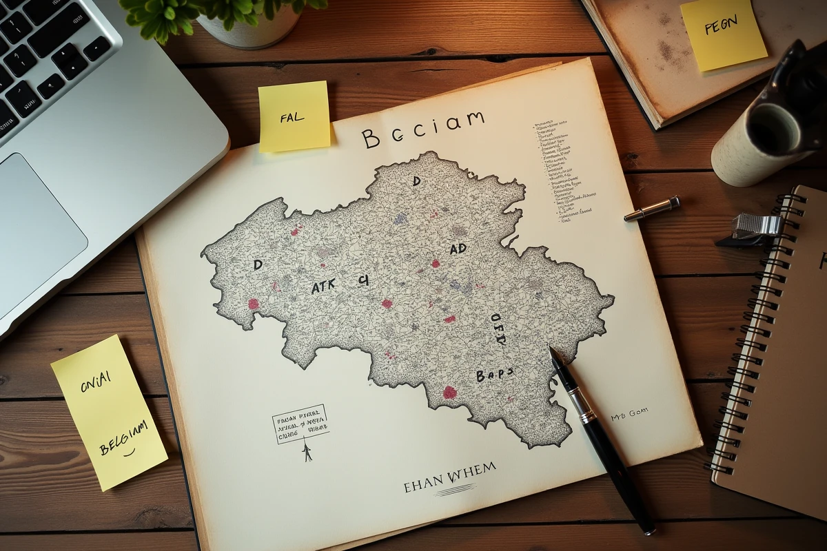 Vue aérienne d'un bureau avec carte de Belgique, grille de mots croisés et noms de villes belges