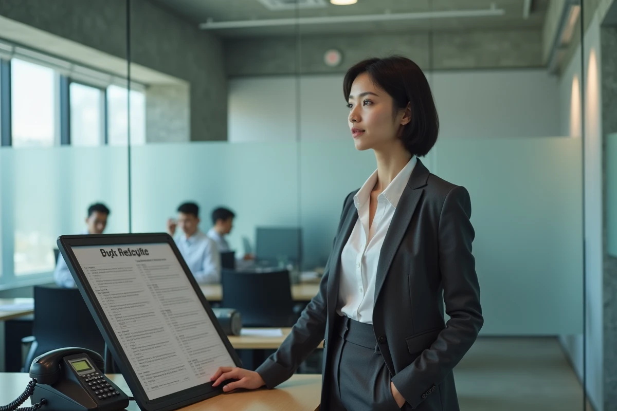 Femme en bureau moderne équipé uniquement de technologies analogiques dans un monde uchronique où le téléphone portable n'a jamais été inventé