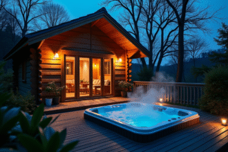 Cabane en bois avec jacuzzi extérieur en HautsdeFrance