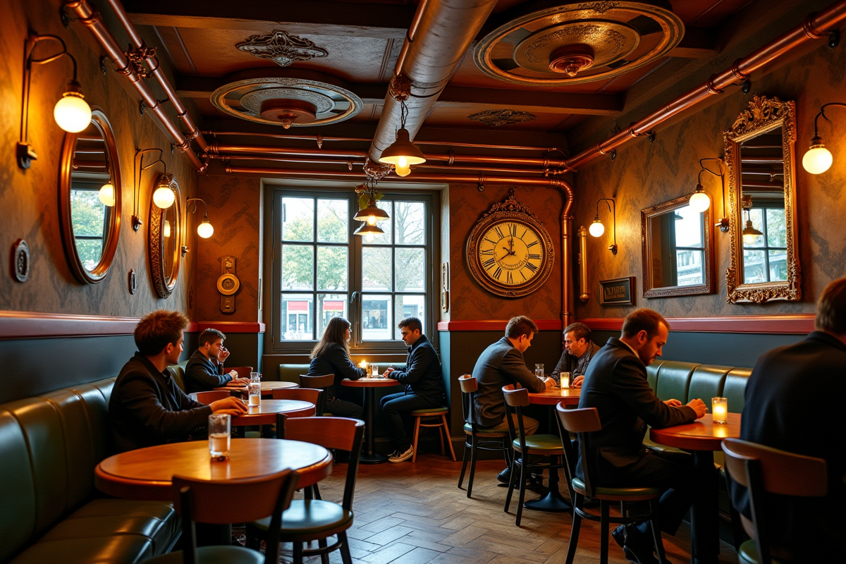 Café à thème steampunk avec décor cuivre et tables en valise