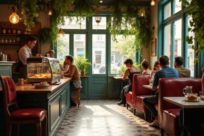 Café parisien vintage avec plantes vertes et clients souriants