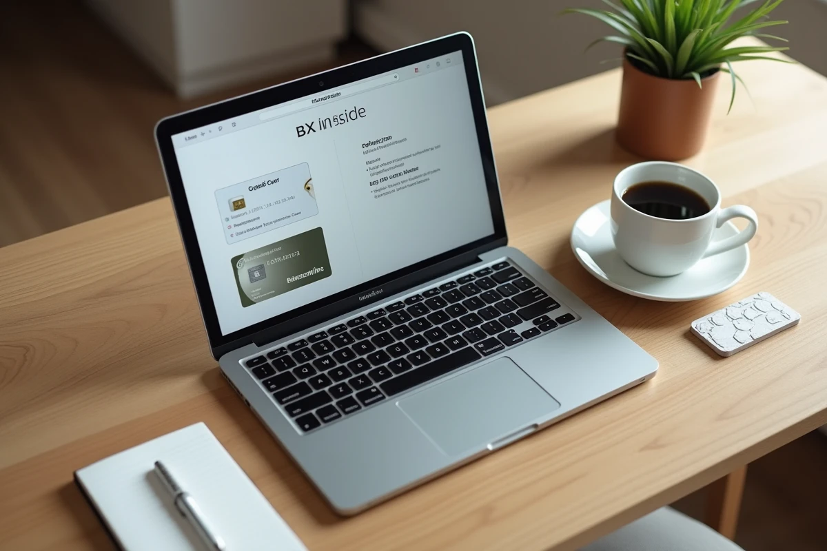 Carte Kadéos Edenred posée sur un bureau à côté d'un ordinateur portable affichant un site de gestion des enseignes partenaires