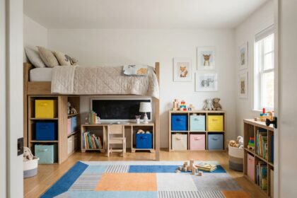 Chambre d'enfant organisée avec lit mezzanine, bureau intégré et rangements colorés pour espace de jeux