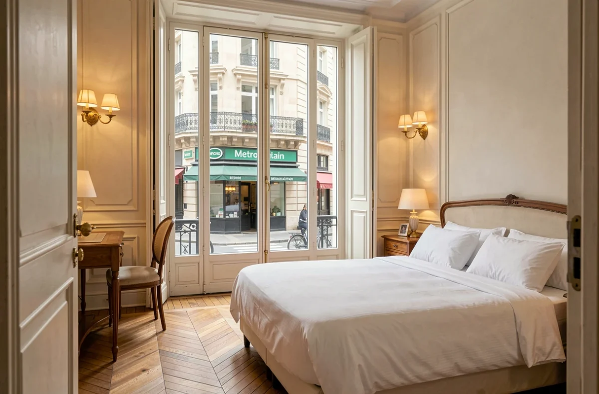 Chambre d'hôtel parisien avec vue sur une entrée de métro ligne 9, séjour proche des transports Paris