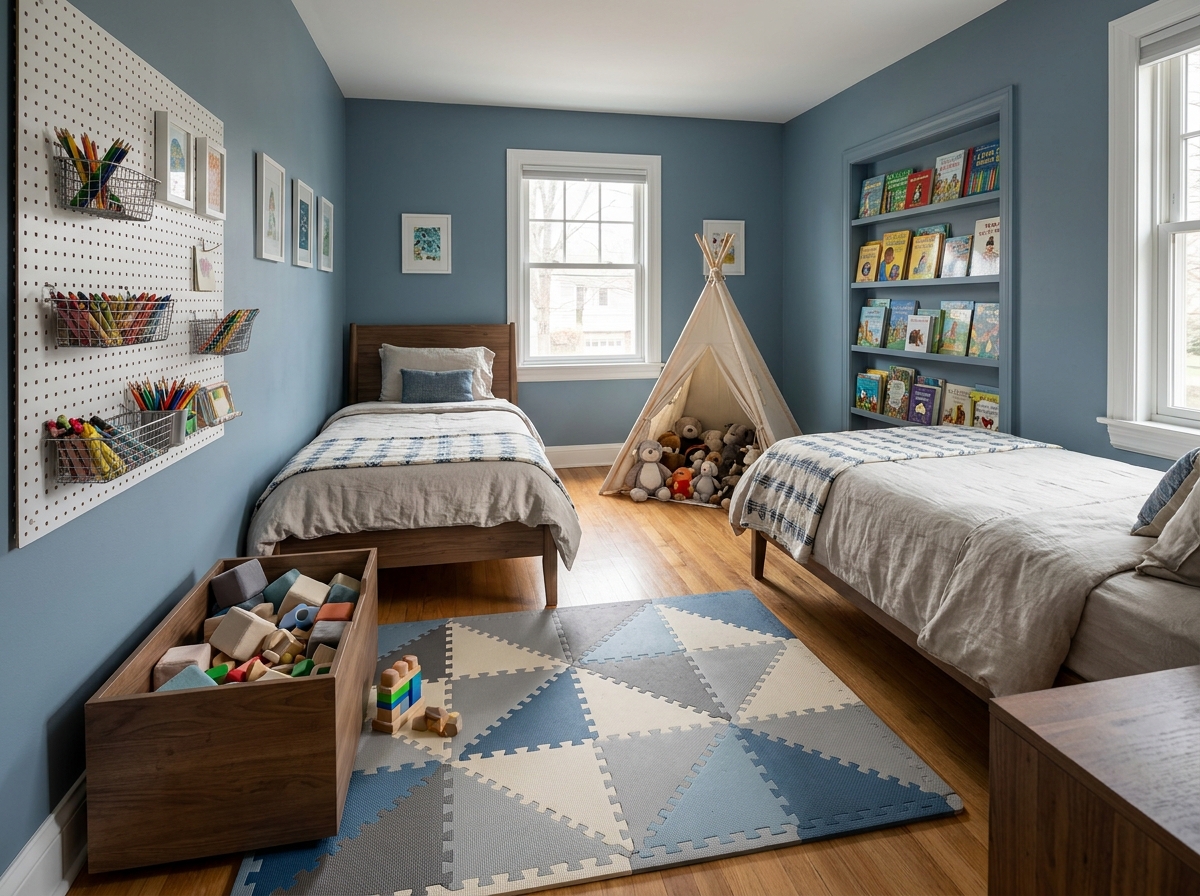 Chambre partagée avec espace de jeux central, tente tipi et rangements muraux pour deux enfants