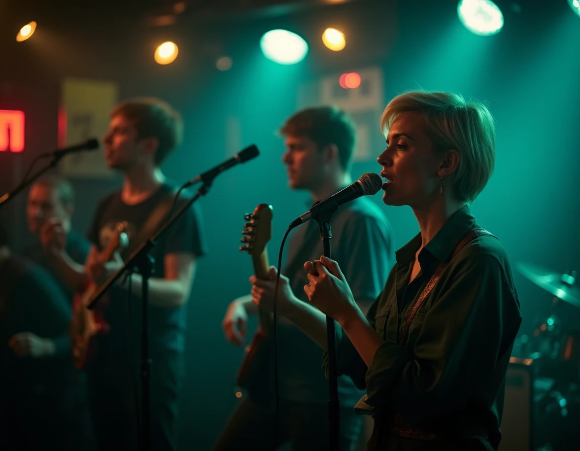 Chanteuse d'un groupe musical anglais inconnu en concert dans un pub londonien intimiste