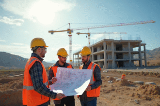 Chantier de construction avec ingénieurs et ouvriers discutant