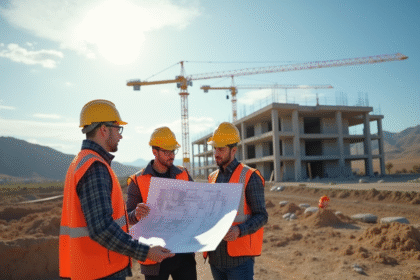 Chantier de construction avec ingénieurs et ouvriers discutant