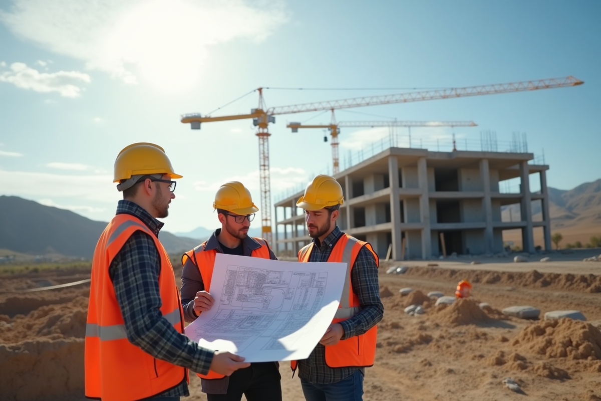 Chantier de construction avec ingénieurs et ouvriers discutant