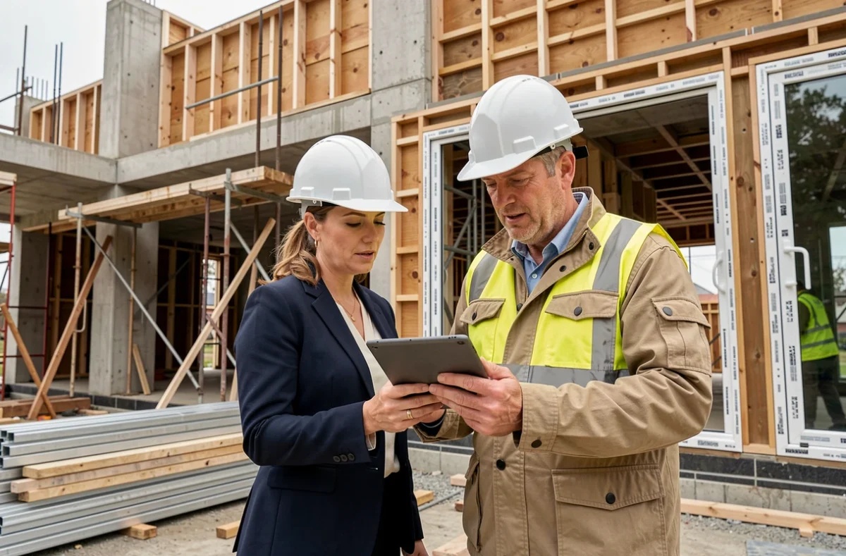 Deux professionnels du bâtiment consultant un chantier de construction mixte avec installation de Franchassis en façade